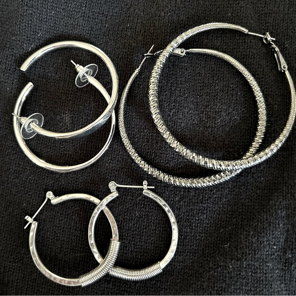 HOOPS! Lot of 3 pair of silver tone hoop earrings.
